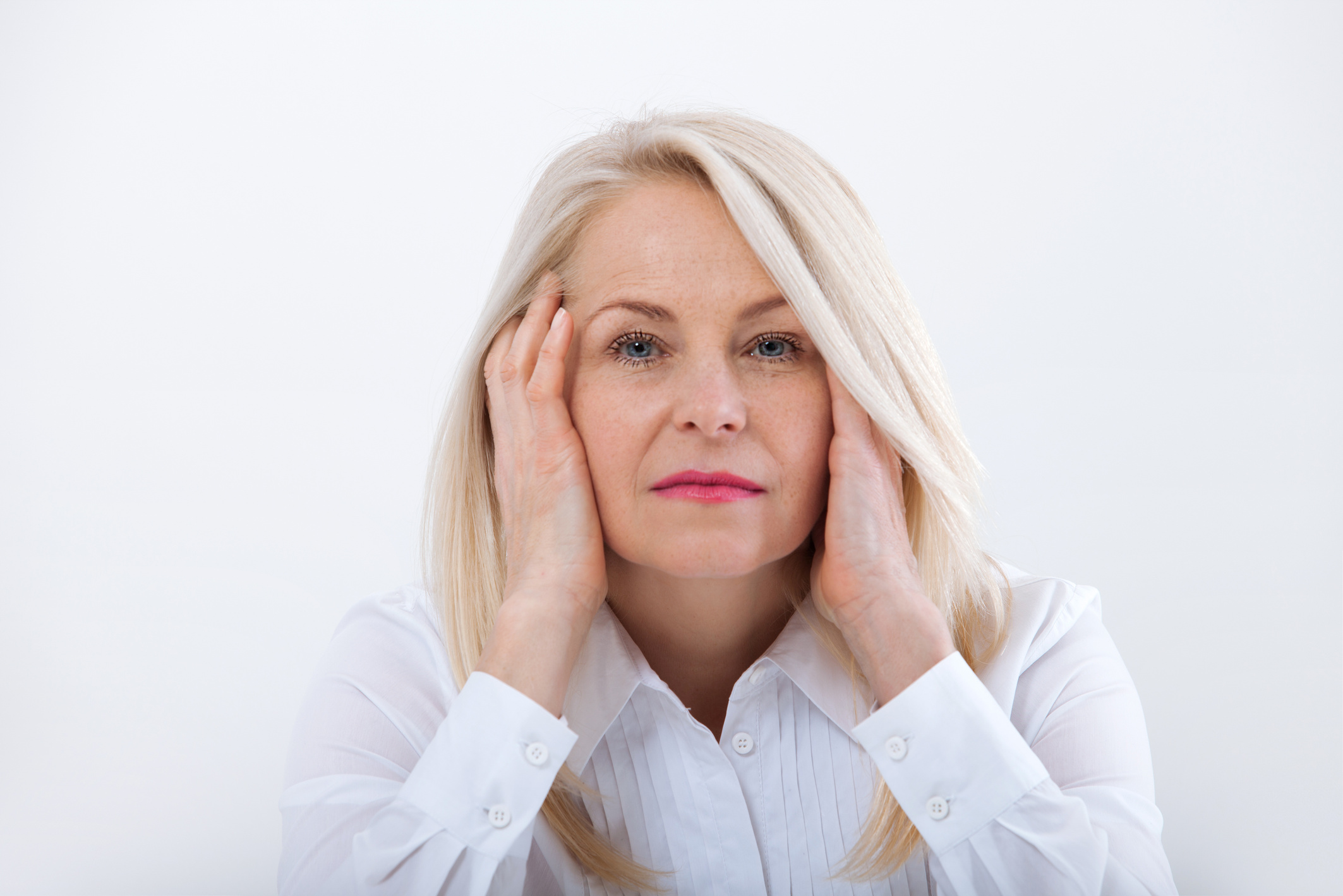 Woman Headache isolated. Menopause. Middle aged woman